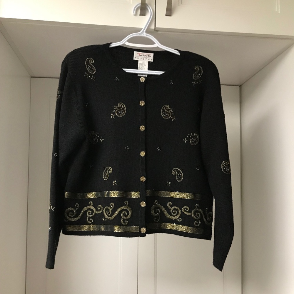 Talbots Black Cardigan Sweater with Beaded Gold Details Petite Medium